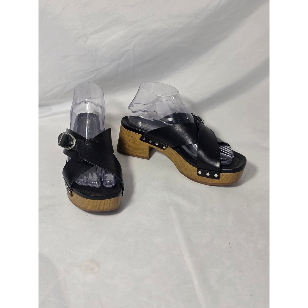 Clarks Signature Black Leather Wood Platform Sandals Clog Block Heel Womens 8 M